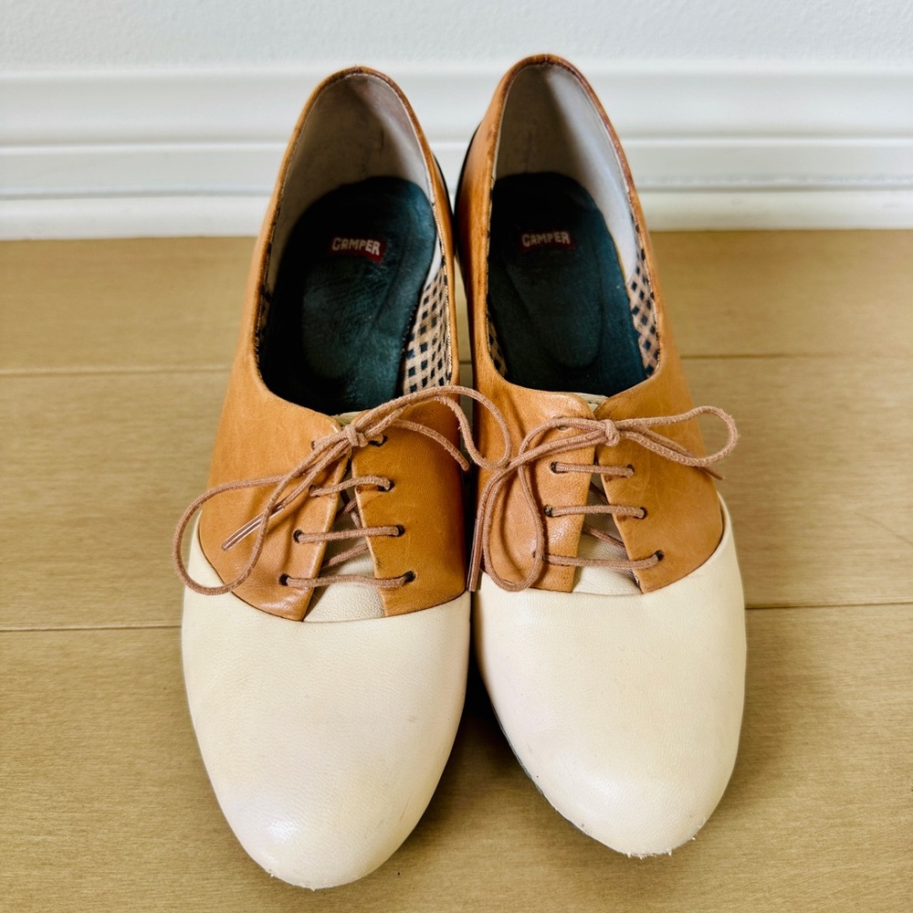Camper Leather Heels, White & Beige, Size 35